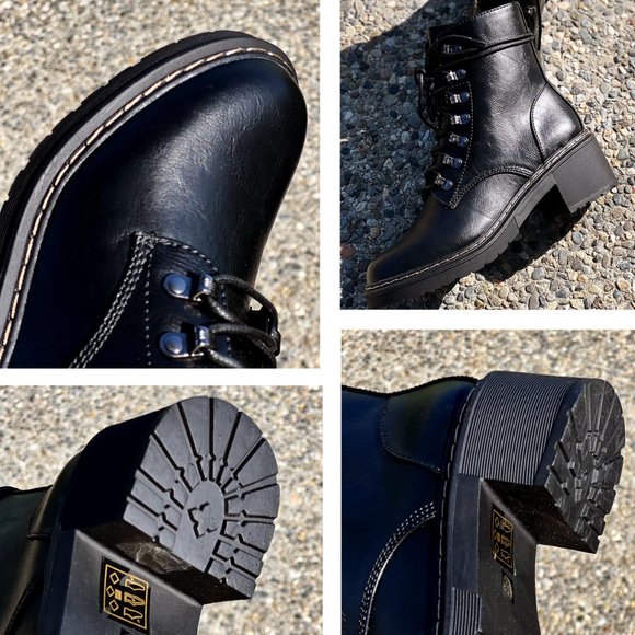 NEW Black Faux Vegan Leather Laced Up Lug Sole Platform Ankle Combat Boots Shoes - Picture 14 of 15